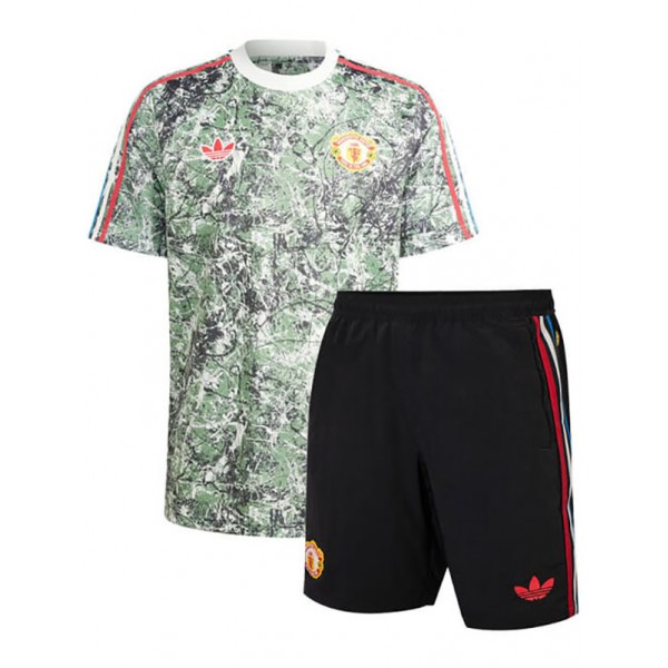 Manchester United x Stone Roses Maillot de football pour enfants Kit de football pour enfants Maillot de football vert mini uniformes pour jeunes 2024-2025