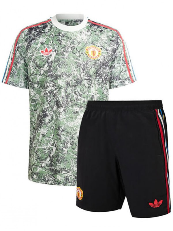 Manchester United x Stone Roses Maillot de football pour enfants Kit de football pour enfants Maillot de football vert mini uniformes pour jeunes 2024-2025