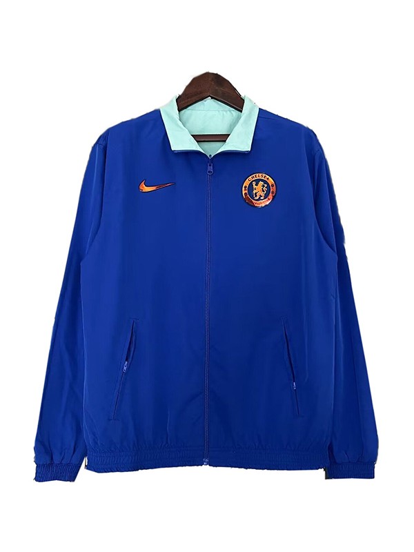 Chelsea windbreaker hoodie jacket football sportswear tracksuit full zipper men's training kit blue teal outdoor soccer coat 2024