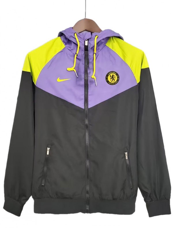 Chelsea windbreaker jacket football sportswear tracksuit full zipper men's training black purple kit outdoor soccer coat 2023-2024