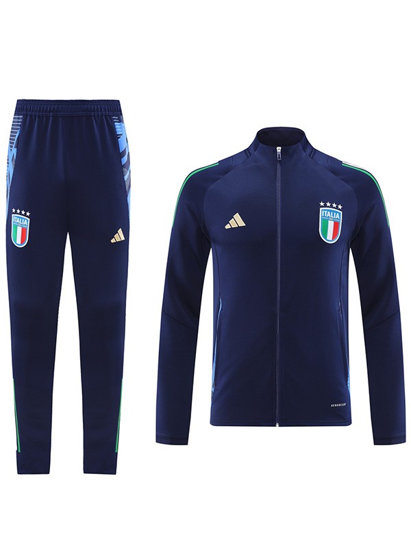Italy veste de sport de football survêtement fermeture éclair complète kit d'entraînement de la marine pour hommes manteau de football en plein air 2024-2025