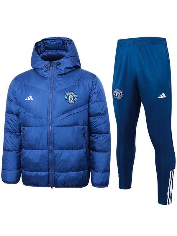 Manchester united hoodie cotton-padded jacket football sportswear tracksuit navy full zipper men's training kit outdoor soccer coat 2024