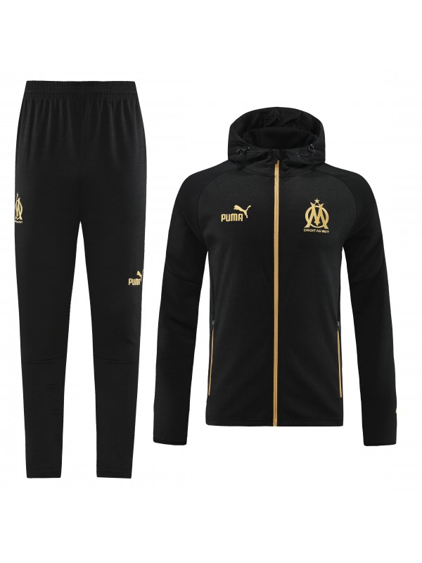 Olympique de Marseille windbreaker hoodie jacket football sportswear tracksuit full zipper black uniform men's training kit 2023-2024
