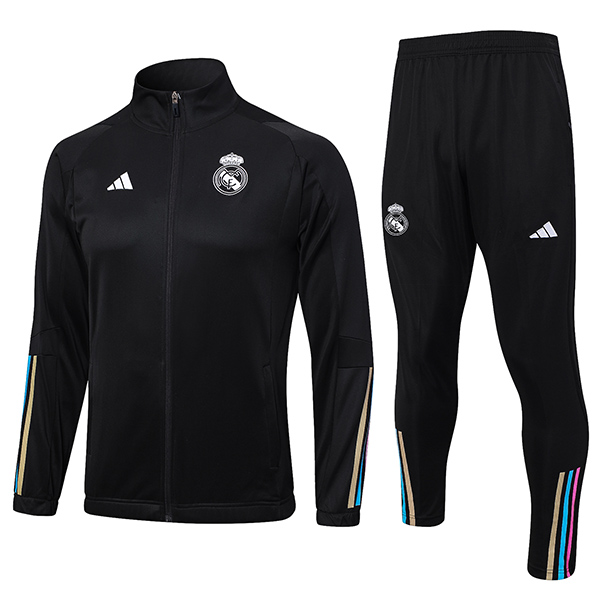 Real madrid veste football sportswear survêtement noir fermeture éclair complète hommes kit d'entraînement manteau de football en plein air 2023-2024
