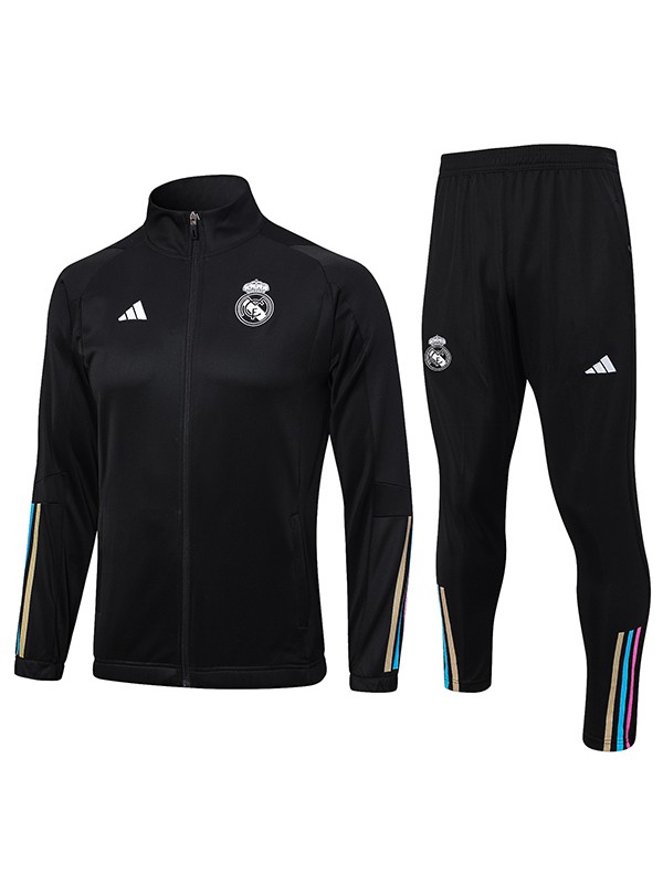 Real madrid veste football sportswear survêtement noir fermeture éclair complète hommes kit d'entraînement manteau de football en plein air 2023-2024