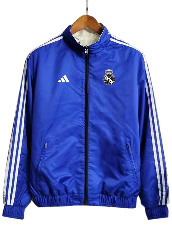 Real madrid windbreaker jacket football sportswear tracksuit full zipper men's training blue white kit outdoor soccer coat 2023-2024