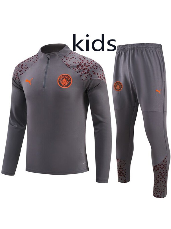Manchester city tracksuit kids kit soccer pants suit sports set half zip necked cleats youth uniform children gray football mini training kit 2023-2024