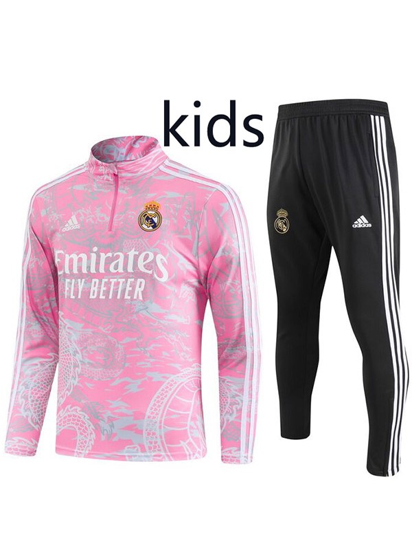Real madrid tracksuit kids kit soccer pants suit sports set half zip necked cleats youth uniform children dragon pink football mini training kit 2023-2024