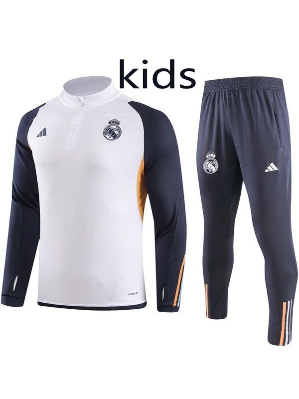 Real madrid tracksuit kids kit soccer pants suit sports set half zip necked cleats youth uniform children white football mini training kit 2023-2024