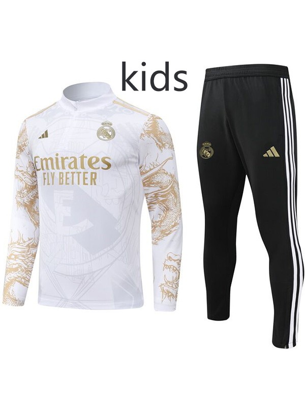 Real Madrid Survêtement Kit Enfants Pantalon De Football Costume Ensemble De Sport Demi-Zip Col Crampons Uniforme De Jeunes Enfants Or Blanc Indigo Football Mini Kit D'entraînement 2024-2025