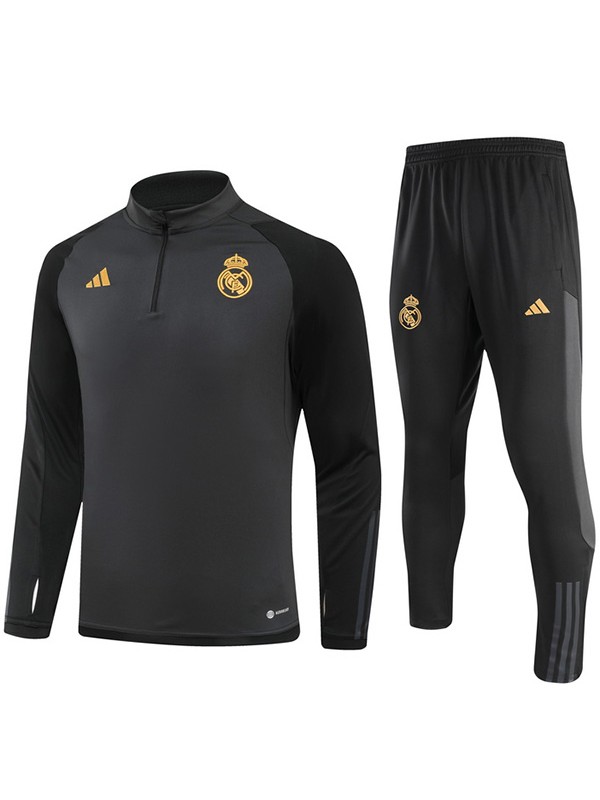 Real madrid tracksuit soccer pants suit sports set half zip necked uniform men's clothes football training black gray kit 2023-2024