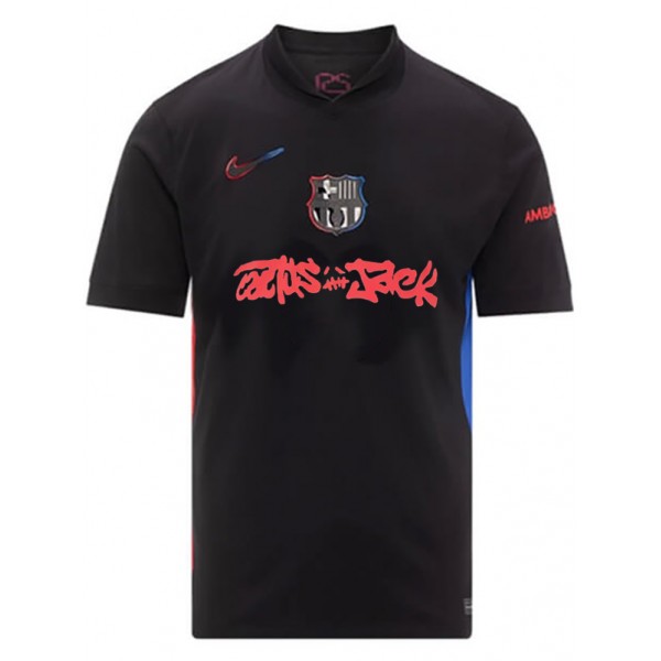 Barcelona travis scott maillot extérieur de uniforme de football pour adulte noir et rouge kit de football haut de sport 2024-2025