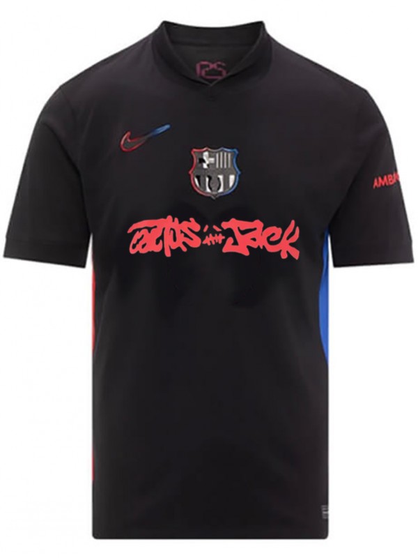 Barcelona travis scott maillot extérieur de uniforme de football pour adulte noir et rouge kit de football haut de sport 2024-2025