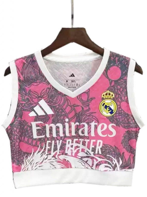 Real madrid gilet de yoga dragon rose pour femmes maillot de football uniforme féminin vêtements de sport pour dames haut court de football pour filles 2025-2026