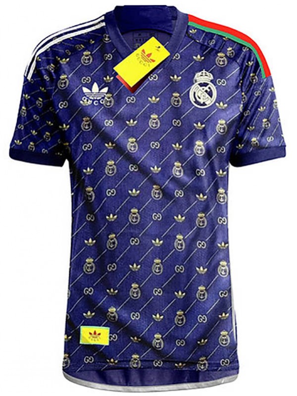 Real madrid X guci édition spéciale maillot uniforme de football kit de football bleu pour hommes hauts chemise de sport 2024-2025