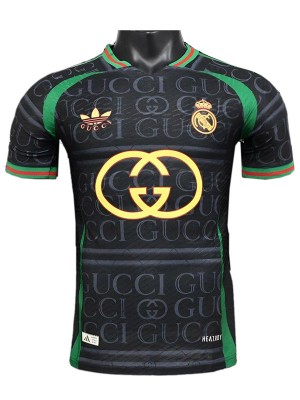 Real madrid maillot de joueur édition spéciale X guci noir uniforme de football kit de football pour hommes hauts chemise de sport 2024-2025