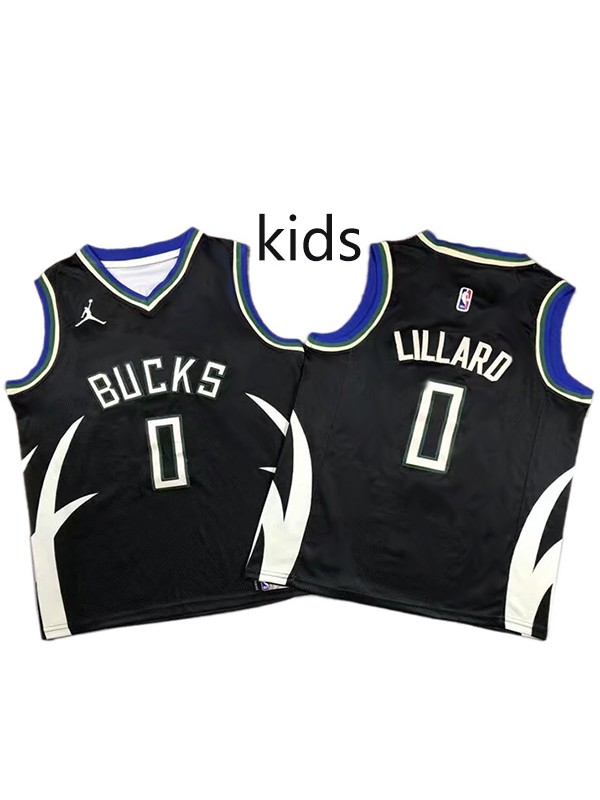 Milwaukee Bucks Damian Lillard 0 kids city edition swingman jersey youth black uniform children basketball limited vest