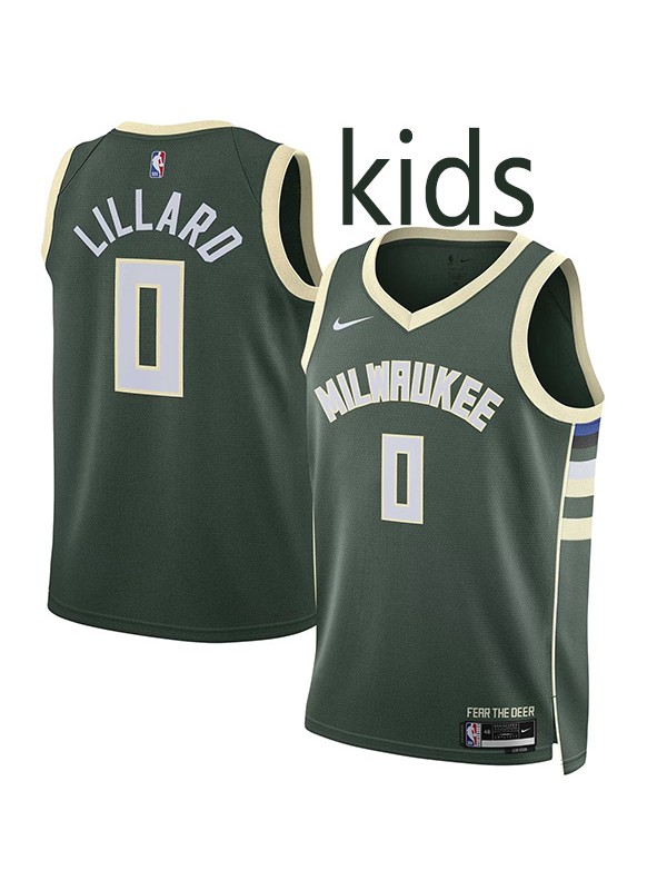 Milwaukee Bucks Damian Lillard 0 kids city edition swingman jersey youth uniform children green basketball limited vest