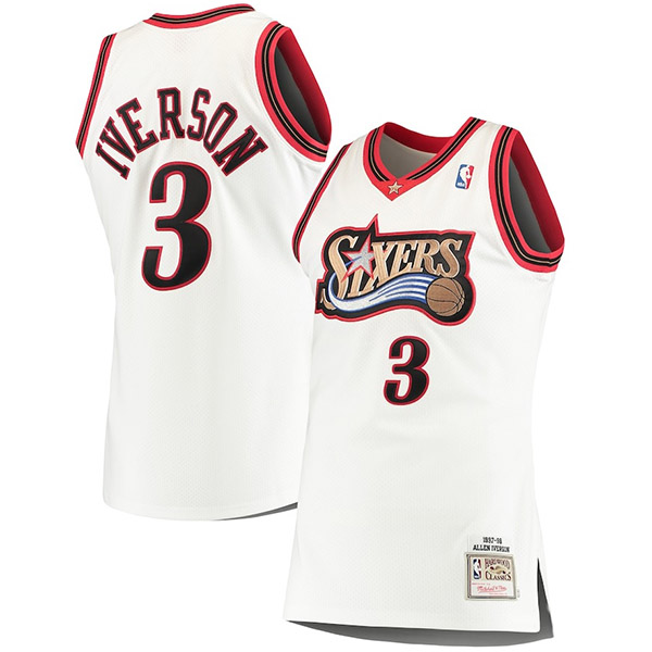 Philadelphia 76ers jersey autographed Allen Iverson 3# uniform men's white mitchell ness retro kit 1997-1998