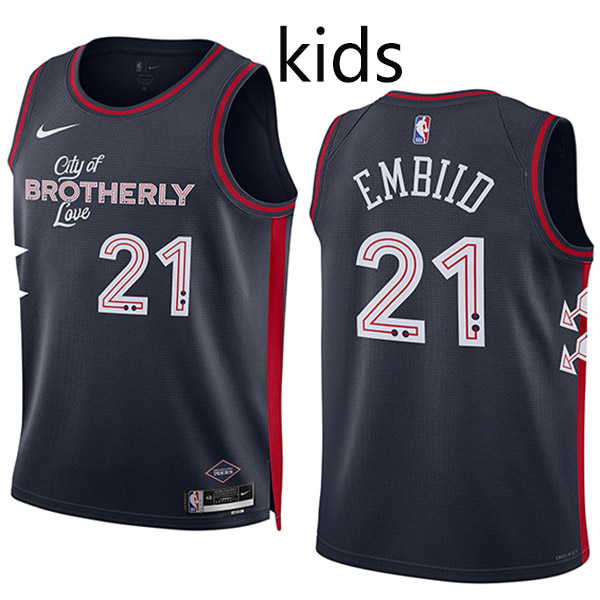 Philadelphia 76ers Joel Embiid 21 kids city edition swingman jersey youth uniform children navy basketball limited vest