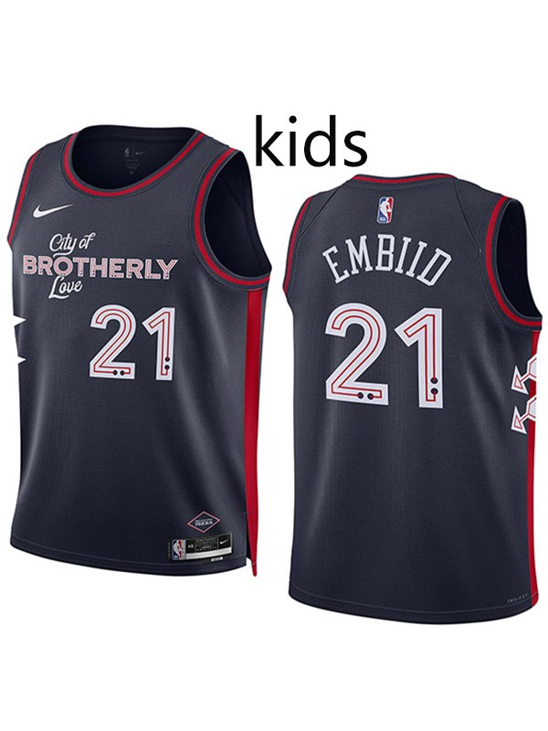 Philadelphia 76ers Joel Embiid 21 kids city edition swingman jersey youth uniform children navy basketball limited vest