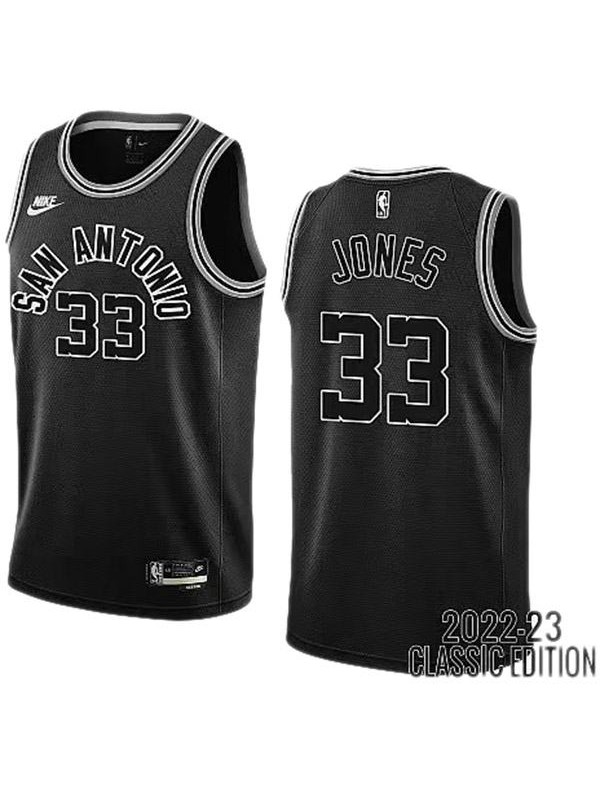 San Antonio Spurs 33 Jones maillot de basket uniforme noir swingman édition limitée kit 2022-2023