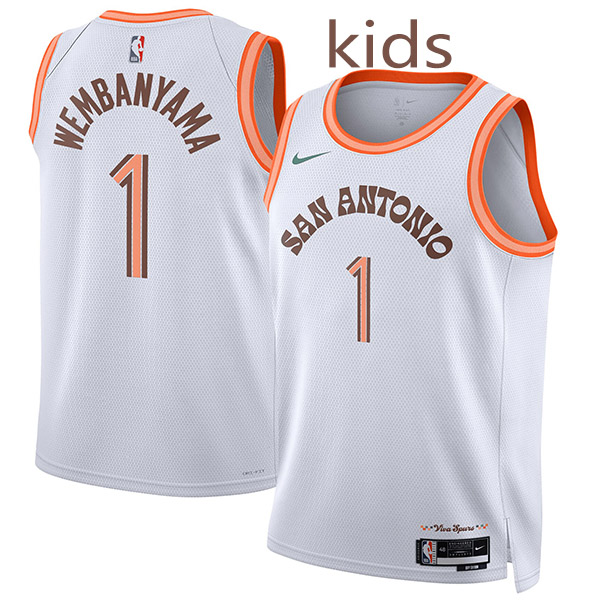 San Antonio Spurs Victor Wembanyama 1 kids city edition swingman jersey star youth white orange uniform children basketball limited vest