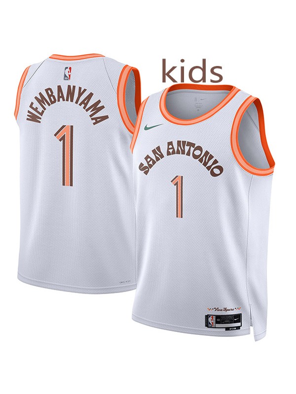 San Antonio Spurs Victor Wembanyama 1 kids city edition swingman jersey star youth white orange uniform children basketball limited vest