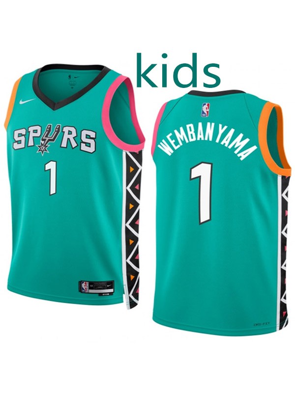 San Antonio Spurs Victor Wembanyama 1 kids city edition swingman jersey youth teal uniform children basketball limited vest