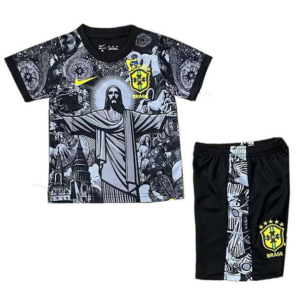 Brazil maillot de football noir pour enfants version Jésus mini-chemise de football pour enfants uniformes pour jeunes 2024-2025