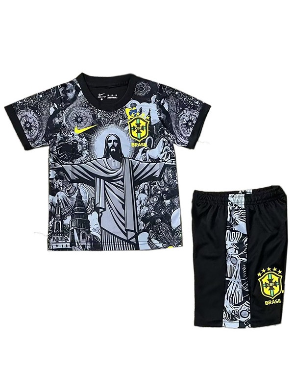 Brazil maillot de football noir pour enfants version Jésus mini-chemise de football pour enfants uniformes pour jeunes 2024-2025