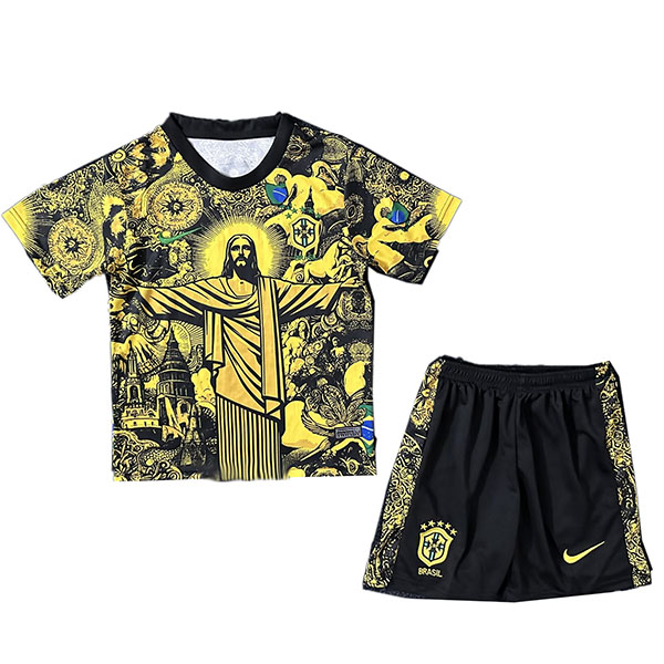 Brazil maillot de football jaune pour enfants version Jésus mini-chemise de football pour enfants uniformes pour jeunes 2024-2025