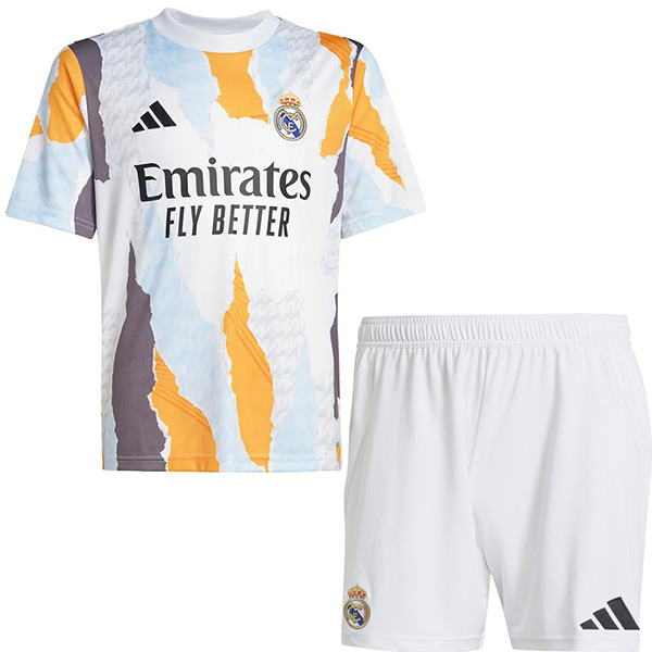 Real madrid kit d'entraînement spécial pour enfants avant-match uniforme de football pour enfants blanc orange hauts de football pour jeunes chemise de sport 2025-2026