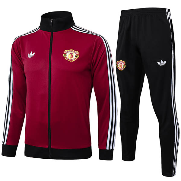 Manchester united  jacket football sportswear full zipper tracksuit men's dark red training kit outdoor soccer coat 2024-2025
