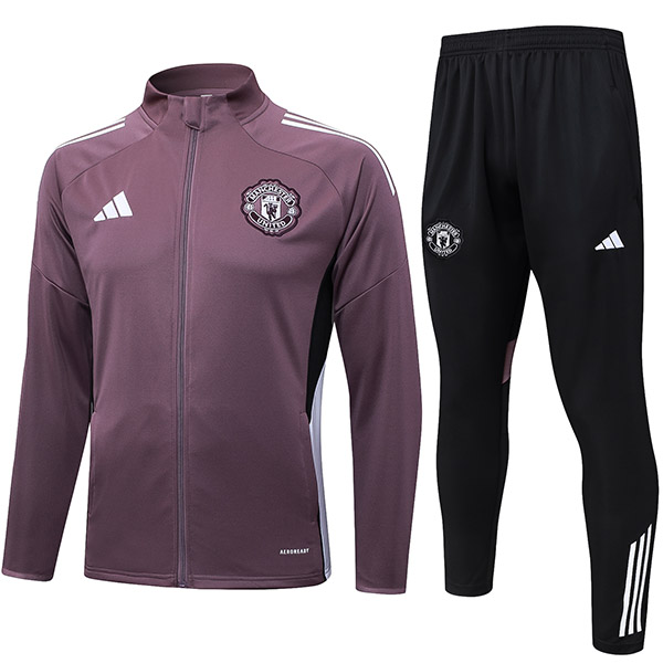 Manchester United veste de football survêtement à fermeture éclair complète pour homme violet et gris kit d'entraînement manteau de football extérieur 2025-2026