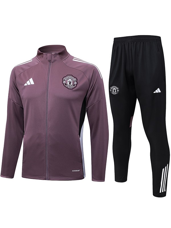 Manchester United veste de football survêtement à fermeture éclair complète pour homme violet et gris kit d'entraînement manteau de football extérieur 2025-2026