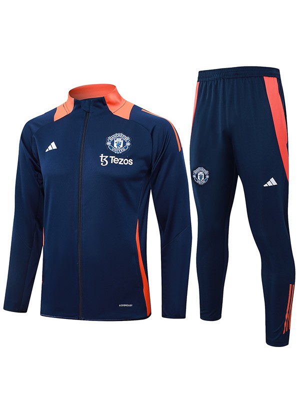 Manchester united jacket football sportswear tracksuit full zipper men's training dark blue kit outdoor soccer coat 2024-2025