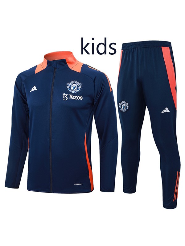 Manchester united jacket kids kit football sportswear tracksuit navy long zip-necked youth training uniform outdoor children soccer coat 2024-2025