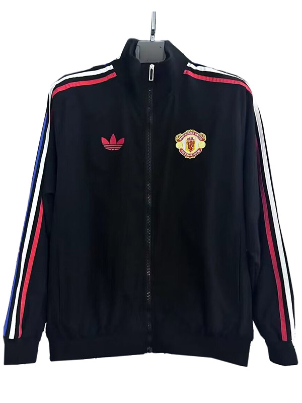 Manchester united veste coupe-vent à capuche survêtement de football fermeture éclair complète uniforme d'entraînement pour hommes kit noir manteau de football en plein air 2025-2026