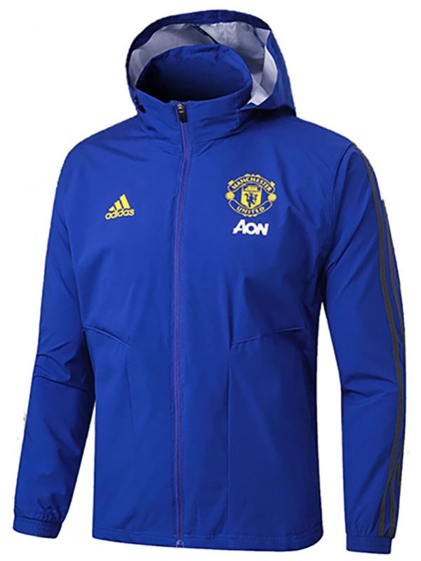 Manchester united veste coupe-vent à capuche survêtement de football vêtements de sport fermeture éclair complète uniforme d'entraînement pour hommes kit bleu manteau de football en plein air 2024-2025