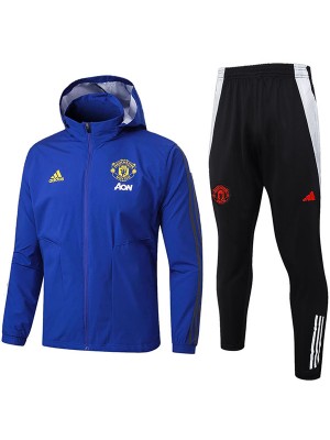 Manchester united veste coupe-vent à capuche survêtement de football vêtements de sport fermeture éclair complète uniforme d'entraînement pour hommes kit bleu manteau de football en plein air 2024-2025