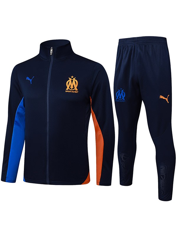 Olympique de Marseille veste de football survêtement de sport noir et rouge fermeture éclair complète uniforme kit d'entraînement pour hommes manteau de football extérieur noir et rouge 2024-2025