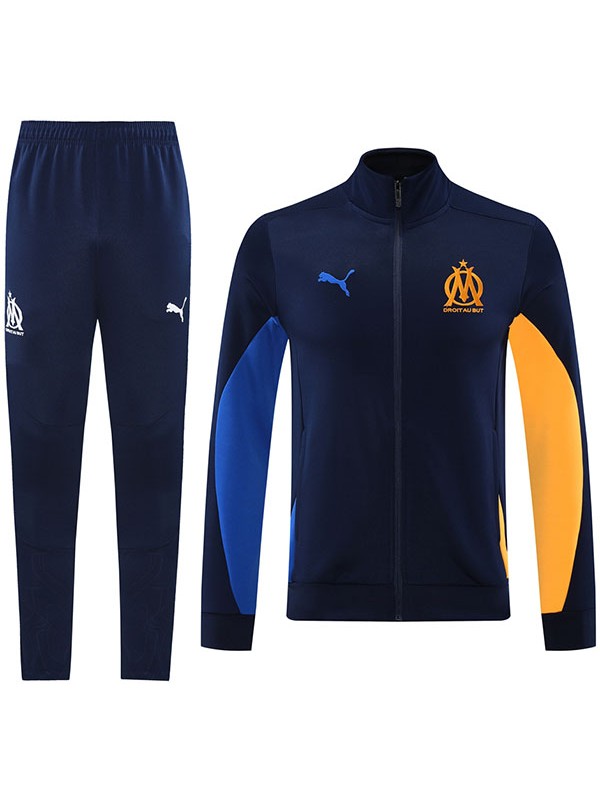 Olympique de Marseille veste de football vêtements de sport survêtement fermeture éclair complète kit d'entraînement bleu marine pour hommes manteau de football en plein air 2024-2025