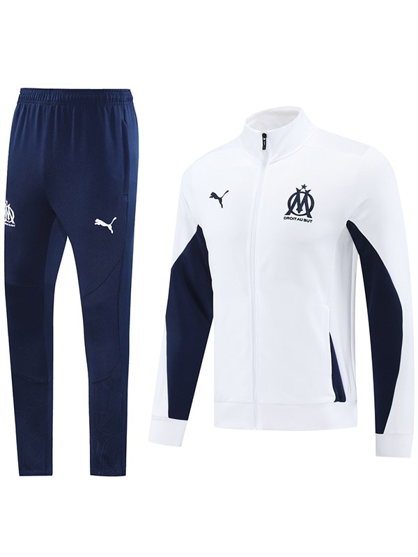 Olympique de Marseille veste de football vêtements de sport survêtement fermeture éclair complète hommes blanc indigo kit d'entraînement manteau de football en plein air 2024-2025