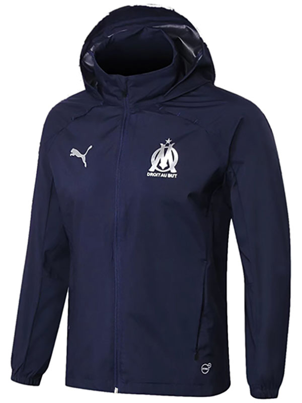 Olympique de Marseille veste coupe-vent à capuche survêtement de football vêtements de sport bleu marine fermeture éclair complète uniforme kit d'entraînement pour hommes, manteau de football en plein air 2024-2025