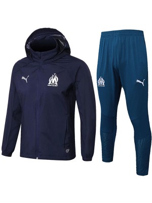 Olympique de Marseille veste coupe-vent à capuche survêtement de football vêtements de sport bleu marine fermeture éclair complète uniforme kit d'entraînement pour hommes, manteau de football en plein air 2024-2025