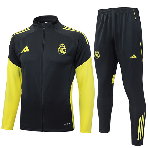 Real Madrid veste de football survêtement de sport fermeture éclair complète uniforme pour homme noir jaune kit d'entraînement manteau de football extérieur 2025-2026