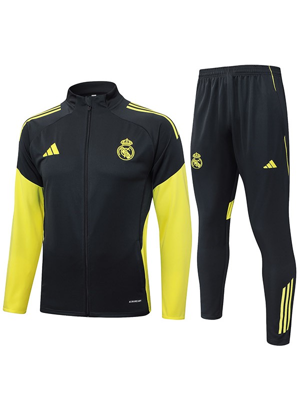 Real Madrid veste de football survêtement de sport fermeture éclair complète uniforme pour homme noir jaune kit d'entraînement manteau de football extérieur 2025-2026
