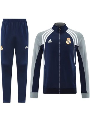 Real madrid veste de football survêtement de sport fermeture éclair complète bleu marine gris kit d'entraînement manteau de football extérieur 2025-2026