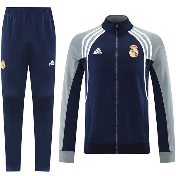 Real madrid veste de football survêtement de sport fermeture éclair complète bleu marine gris kit d'entraînement manteau de football extérieur 2025-2026
